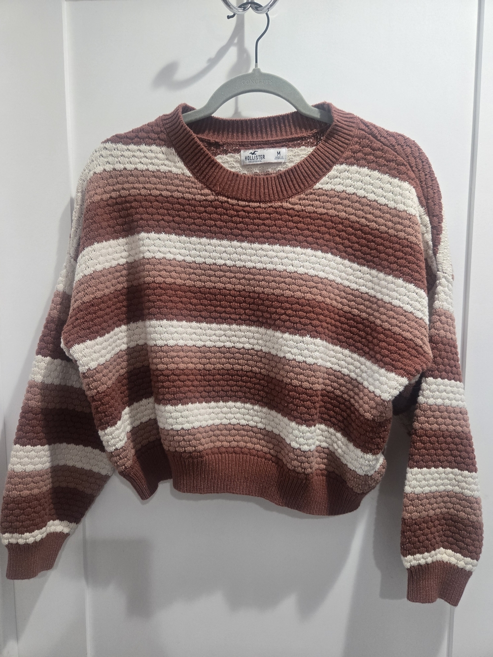 Hollister Burgundy and Cream Striped Cropped Sweater
